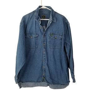 John Deere Denim Chambray Cotton Long Sleeve Button Front Work Shirt Size XL
